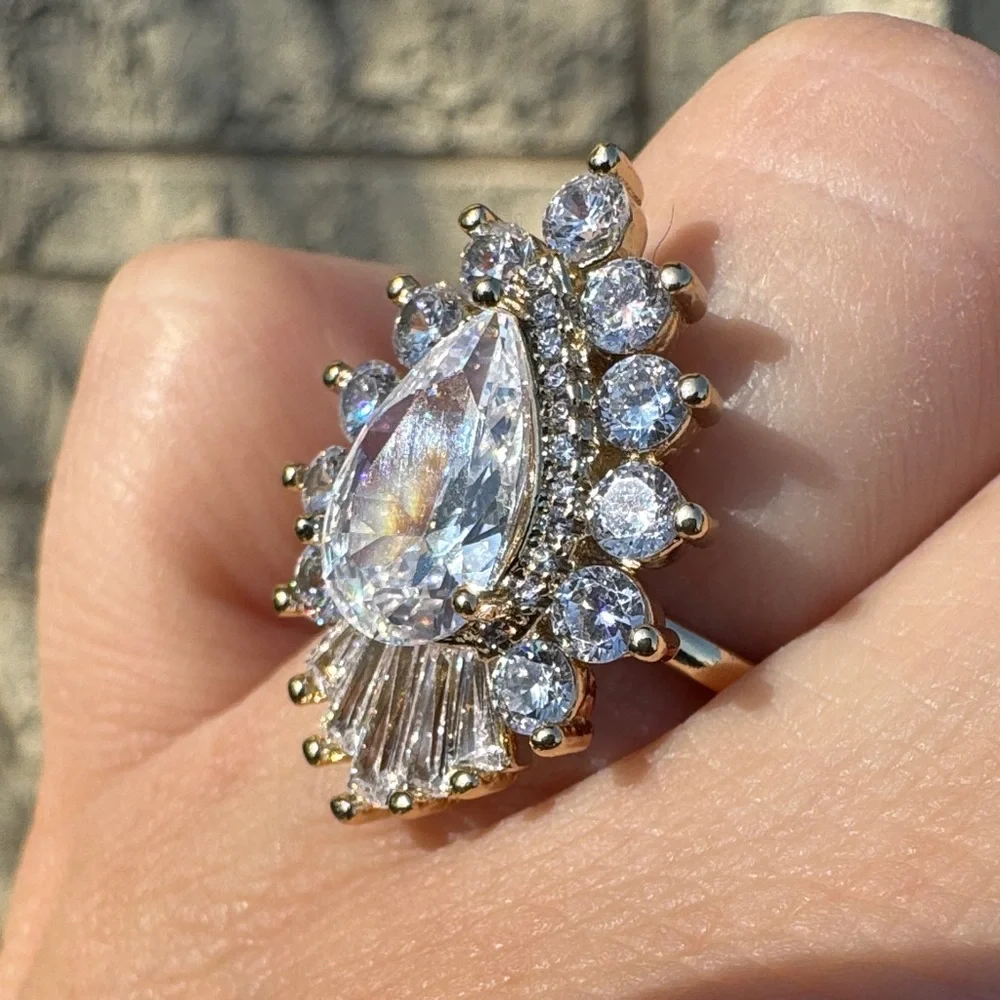 Gold Plated Teardrop Halo Ring baguettes & CZ Size 8 Wedding Engagement